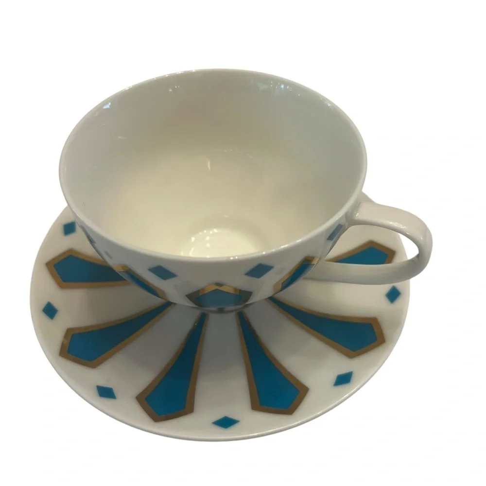 Meritage China Striped Aqua Blue and Gold Teacup and Saucer Set Tea Cup